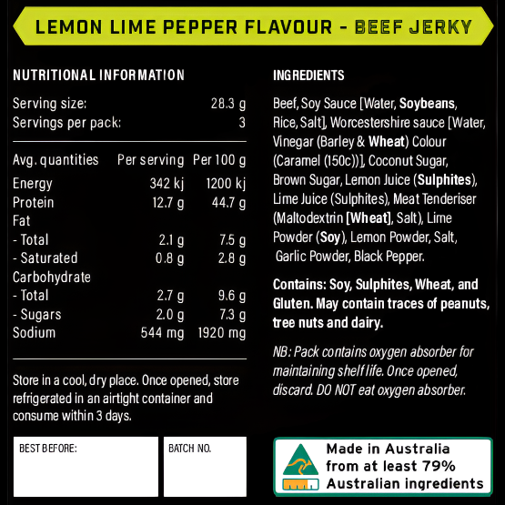 Lemon Lime Pepper Flavour Beef Jerky 85g