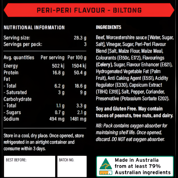 Peri-Peri Flavour Beef Biltong 85g